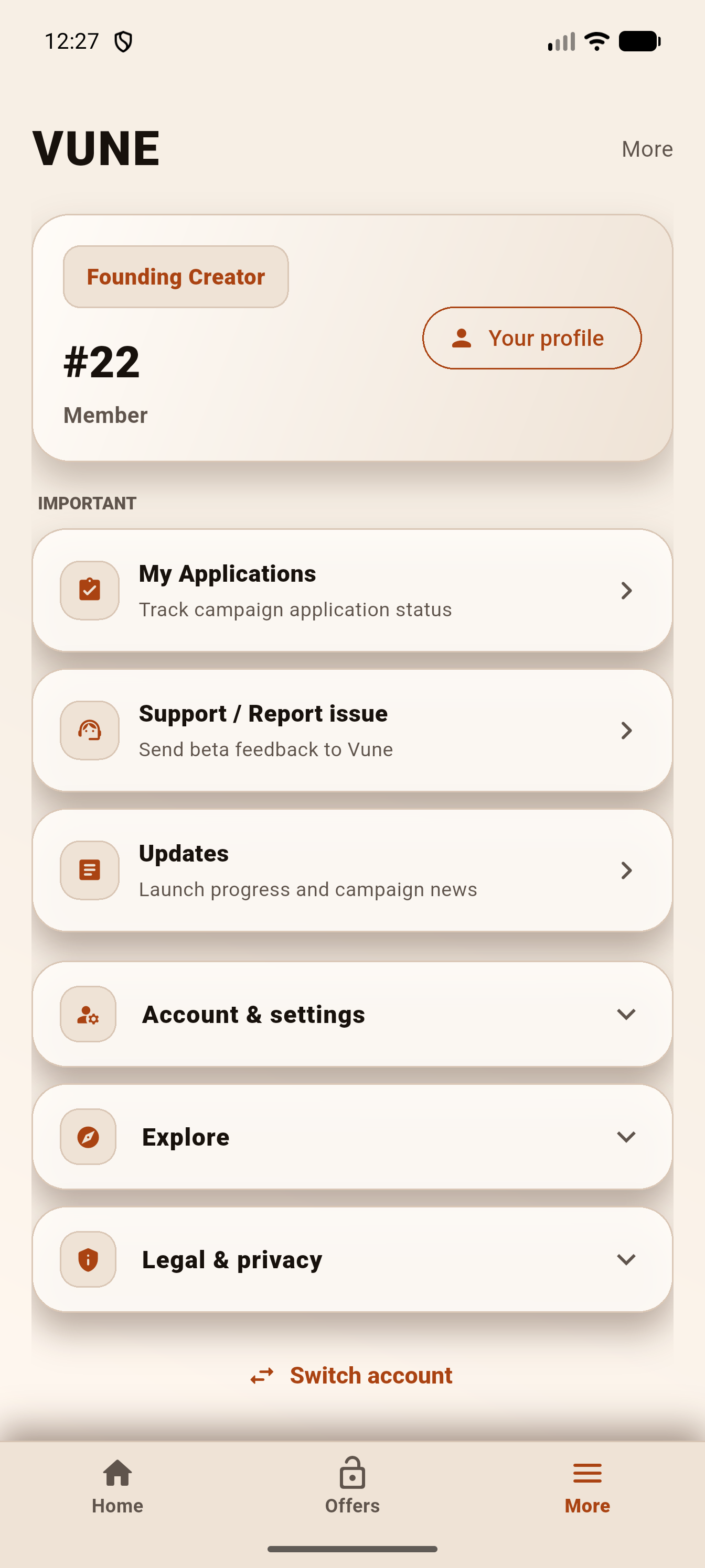 Vune More screen with legal and privacy controls