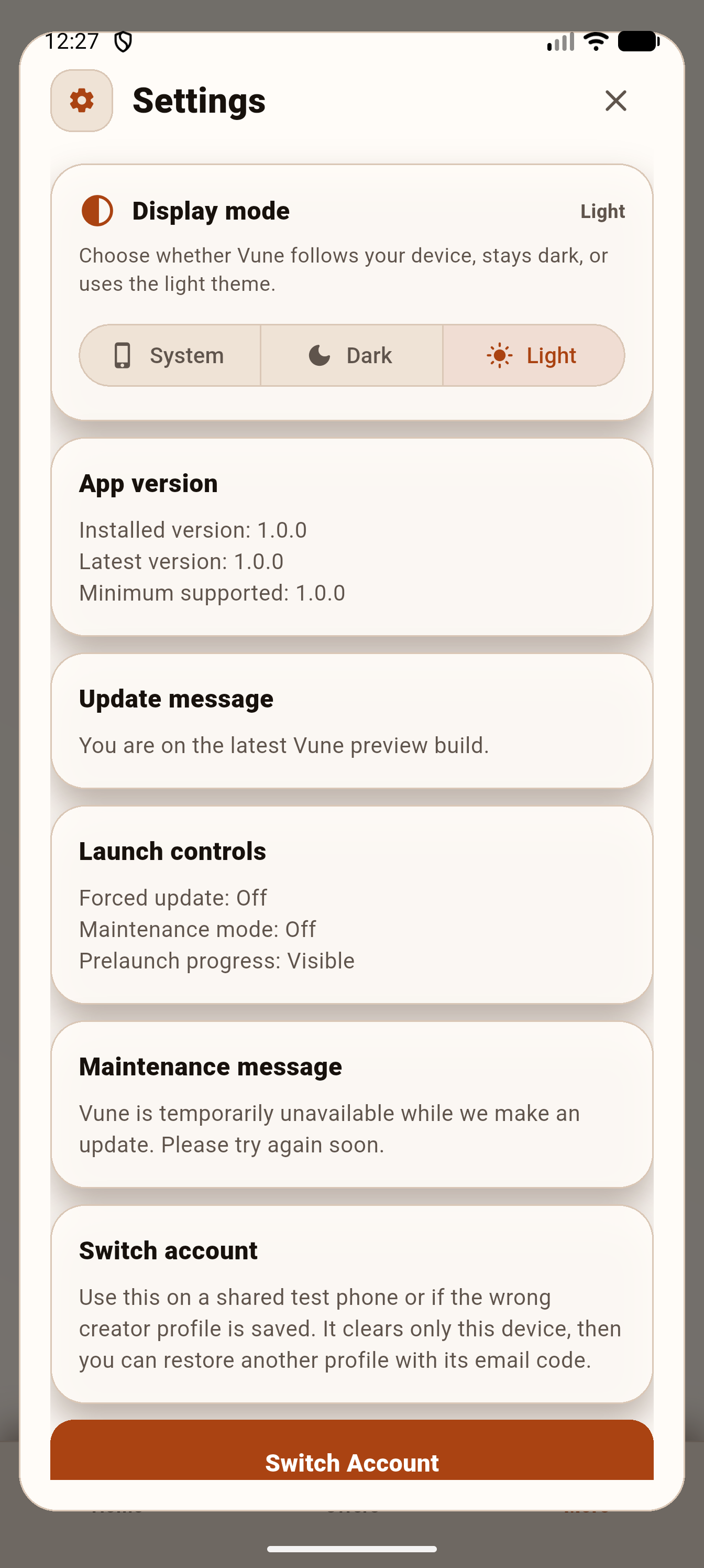 Vune settings screen