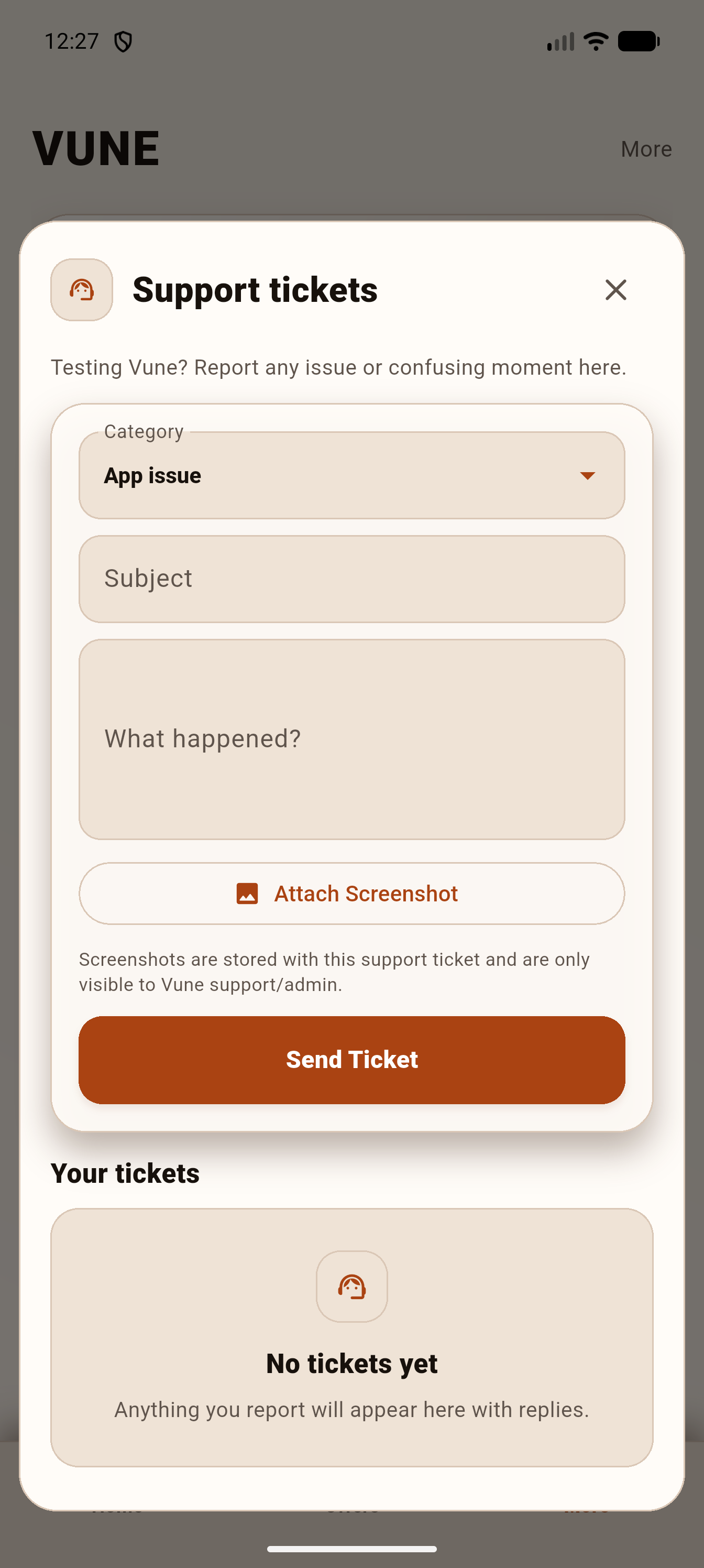 Vune support ticket screen